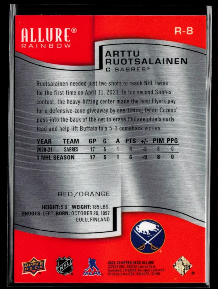 2021-22 Upper Deck Allure Rainbow Red-Orange Arttu Ruotsalainen #R-8 - Image 2 of 2