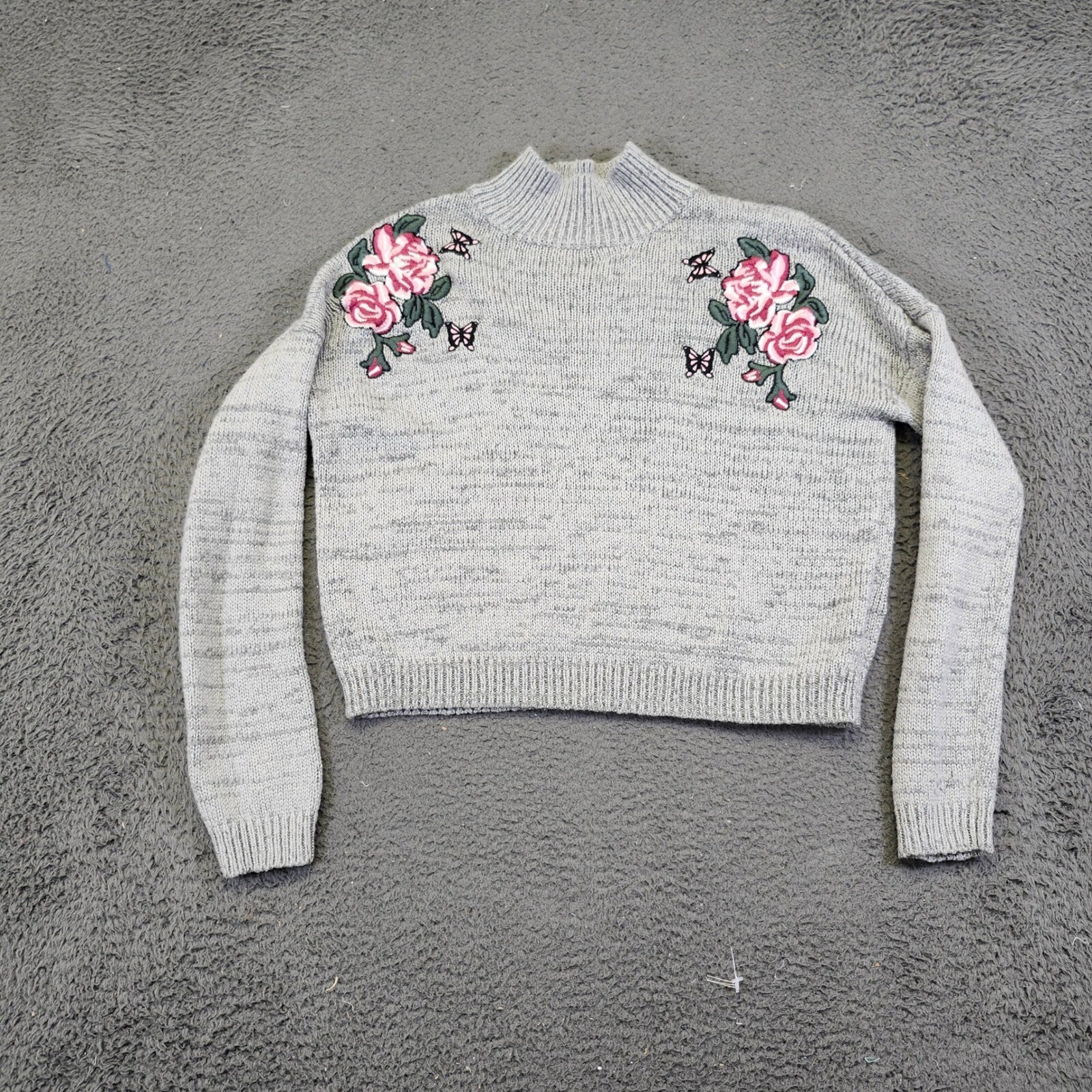 Cloud Chaser Embroidered Floral Butterfly Mock Neck Sweater Gray Small