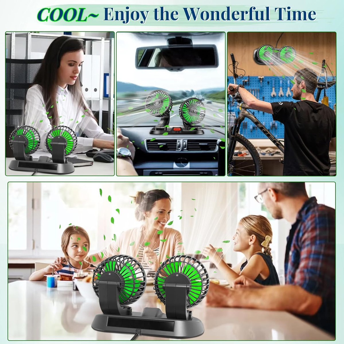 Ventilatore Auto A Doppia Testa Con Caricatore USB – 3 Velocità, Rotazione 360°, Braccio Pieghevole, Per Auto, SUV E Camper - 3
