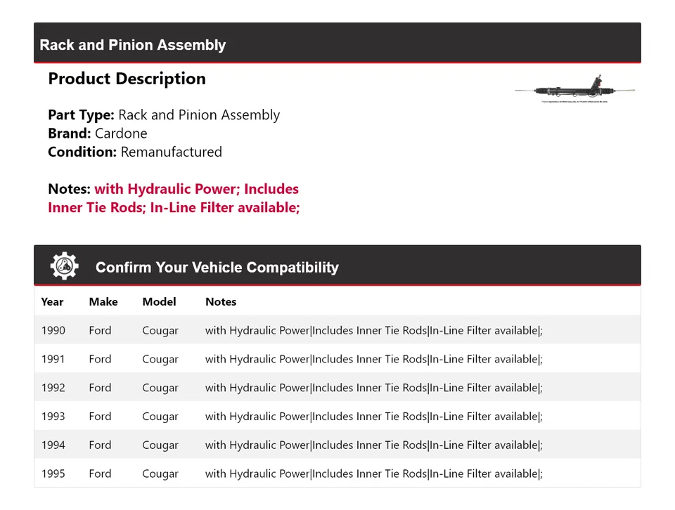 Conjunto de piñón y cremallera para Ford Cougar 1990-1995 Cardone 1991 1992 1993 1994 Foto 2 de 4