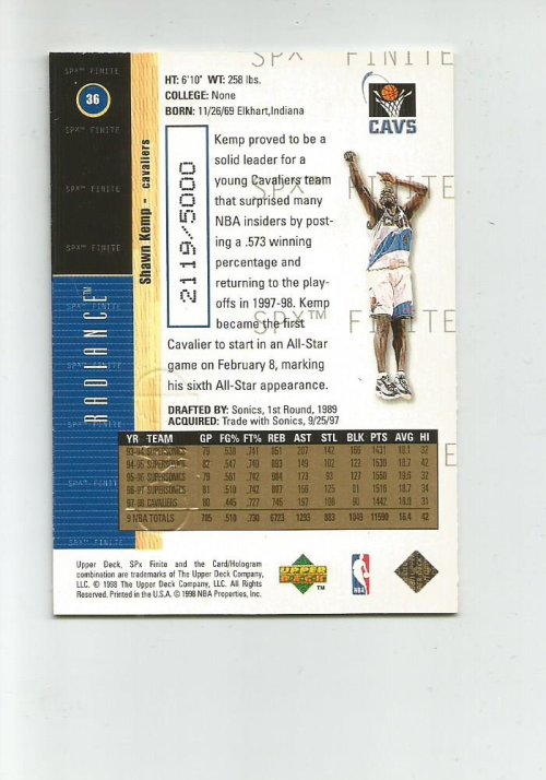 1998-99 SPX FINITE RADIANCE #36 SHAWN KEMP 2119/5000 | eBay