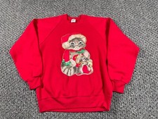 90s Jerzees Christmas Kittens Sweatshirt Adult Large Red Raglan Sleeves Cat