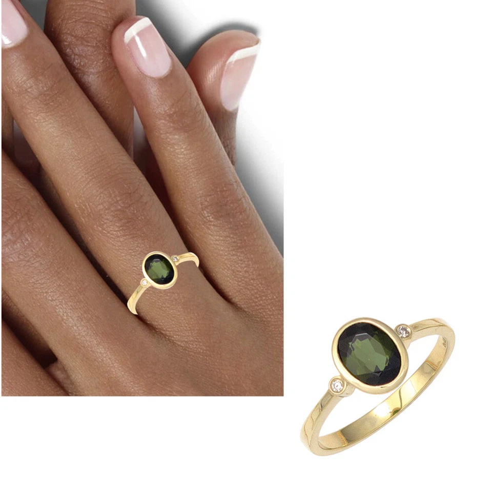Damen Ring 585 Gold Geldgold 3,1g Diamanten Edelstein oval grün 14K Gr. 50-60 - Bild 4 von 4