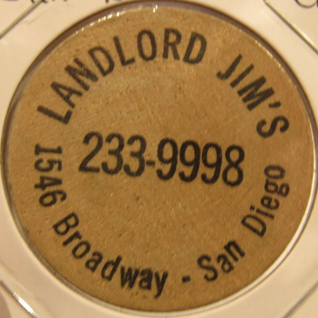 Vintage Landlord Jim's San Diego, CA Wooden Nickel - Token