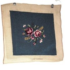 Vintage Large Floral Bouquet Blue Needlepoint Seat Pillow Cover Panel Textile