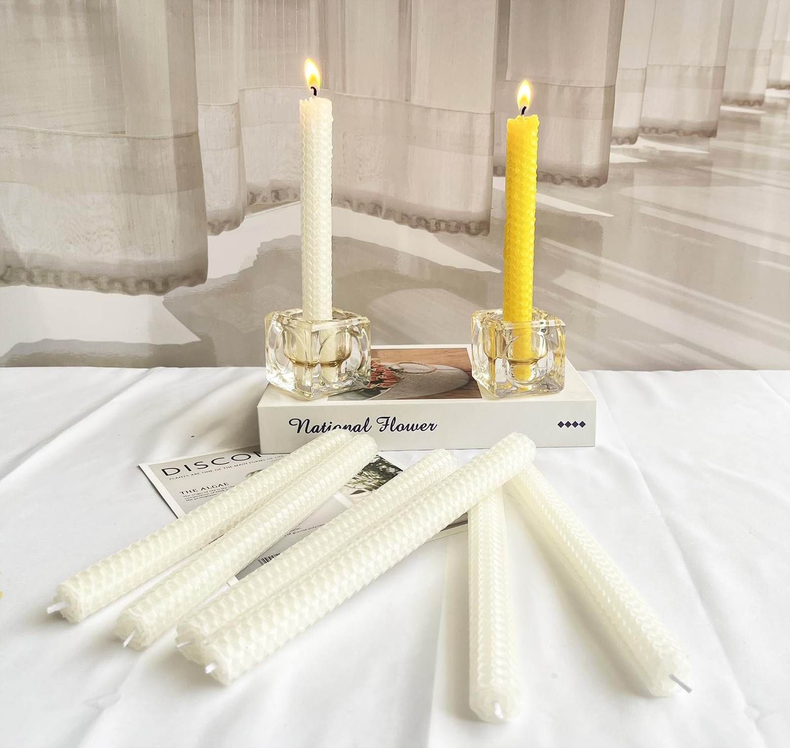 White Beeswax Taper Candles Set of 6 Pcs, 9" Long Candles for Candlesticks in...
