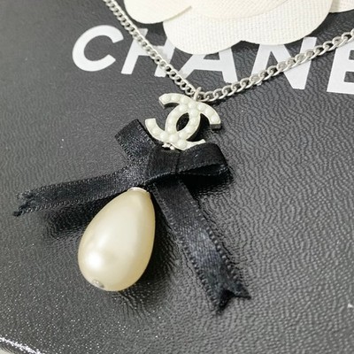 Chanel Coco Mark Pearl Drop Necklace Silver & Black Ribbon Used | eBay
