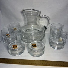 Pitcher And 6 Glasses /Tumblers Vtg. Hand Blown In Italy Never used Clear Glass