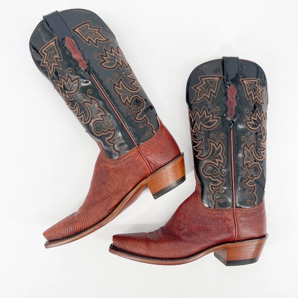 Lucchese Women’s 7 Black & Cognac Lizard Print Snip Toe Western Cowgirl Boots - Image 4 of 4