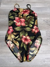 Lands End Vintage One Piece Swimsuit Women 8 Long Black Tropical Floral USA Made