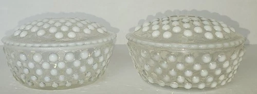 Vintage Depression Era Moonstone Opalescent Hobnail Trinket Puff Dish w/lid Set
