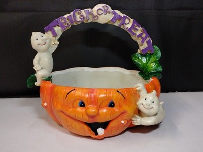 Y2K Halloween Ceramic Happy Pumpkin/Ghost Trick Or Treat Candy Dish