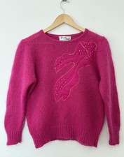 VTG 1980s Frank Saul Pink 49% Mohair Round Neck Jumper Beads Appliqué M.