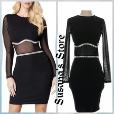 NWT BEBE SIZE S Embellished-Trim Mesh Inset Bodycon Dress Sparkly Jewels