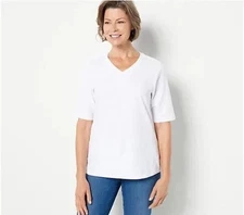 Denim & Co. Essentials Textured Knit V-Neck Elbow Sleeve Top-White-Small-A398859