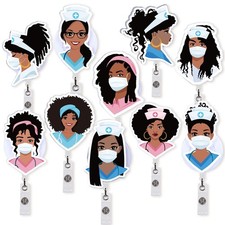 10Pcs Black Girl Nurse Badge Reel Holder Retractable Nursing Name ID Clips Cute