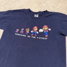 Vintage Nintendo Mario 2004 Youth XL Tshirt Navy Blue Survival of the Fittest
