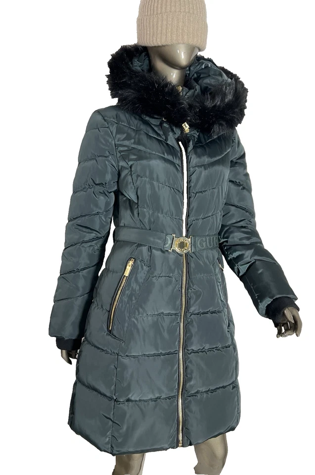 Guess Puffer Coat Womens Medium Green Belted Hooded Faux Fur Trim - Image 4 of 4