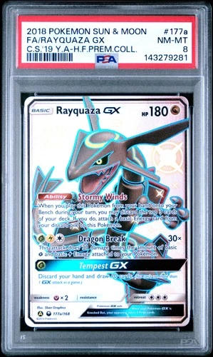 2018 POKEMON SUN & MOON CELESTIAL STORM #177A FULL ART/RAYQUAZA GX PSA 8