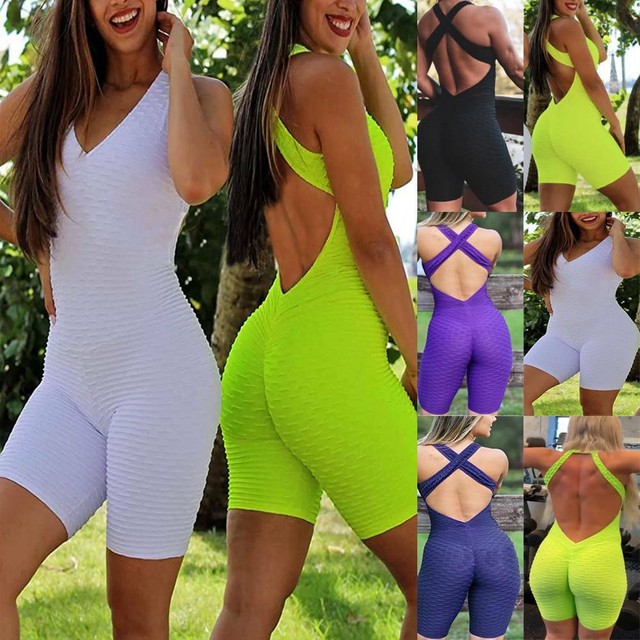 Women Open Back Yoga Jumpsuit Ruched Legging Gym Fitness Romper Sport