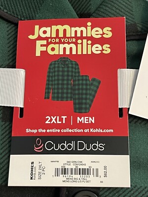 Cuddl Duds Mens Buffalo Plaid 2 Pc PAJAMAS - 2XLT - Green Jammies