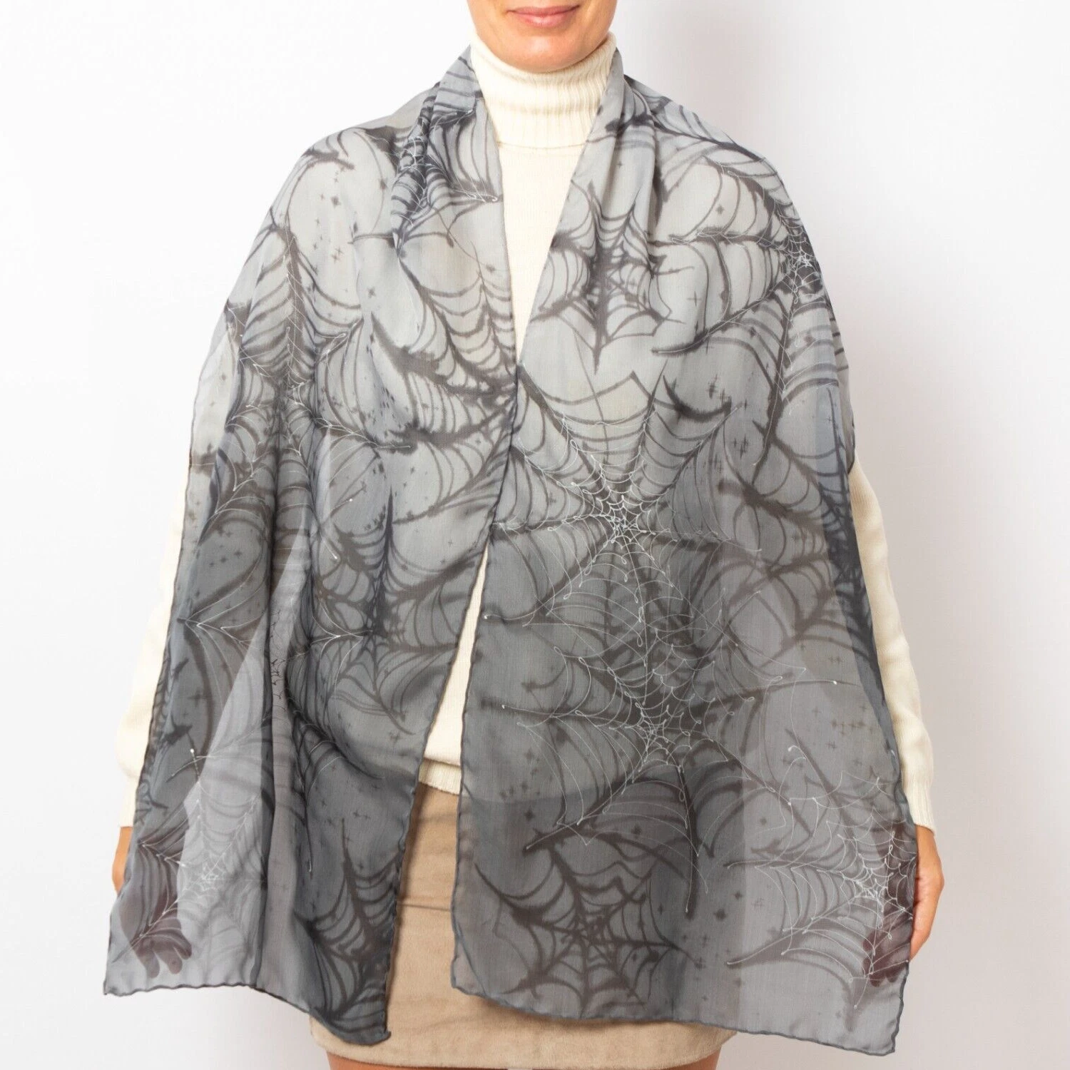 Gothic Scarf Spider Hand Painted Silk Chiffon Spider Web Scarf Grey Ombre Scarf