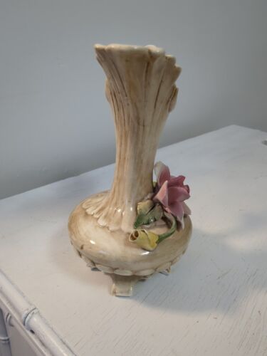 Beautiful Italian Capodimonte 9” Vase Handled & Footed Pink Flowers & Stamp - Picture 3 of 13