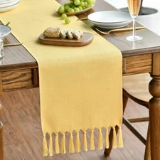  Tassel Table Runner, Summer Linen Blend Rustic 13" x 36", Table Runner Yellow
