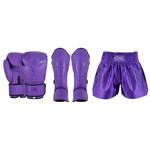 Playwell Gants Boxe Muay Thai Femme – Violet Mat, Cuir Synthétique, Doublure Évacuante, Motif Double Tigre