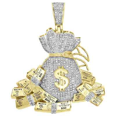 10K Yellow Gold Fn Diamond Money Bag 100 Dollar Stacks Pendant 1.85'' Charm 1 CT.