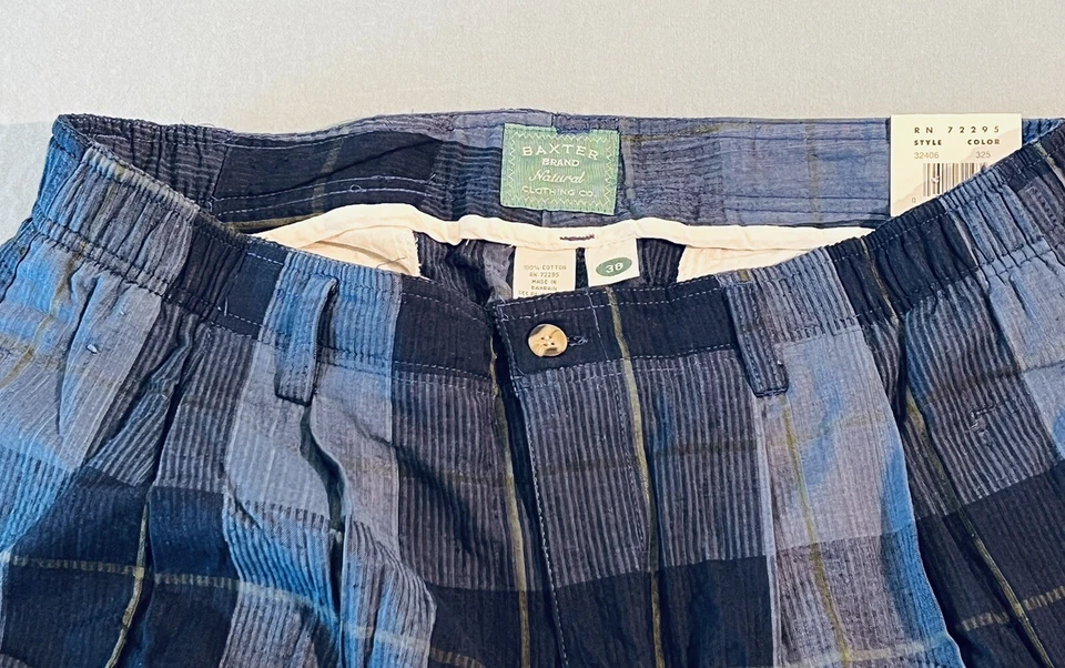 Baxter Brand Natural Shorts Mens 38 Blue Plaid Cotton Pleated Striped Deadstock - Image 3 of 4
