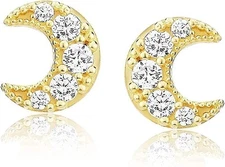 Solid 14K Gold Small Mini Cresent Moon Stud Earrings With CZ Stones