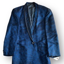 1960  s Vivid Blue Hong Kong 35R Floral Brocade Silk Tuxedo Jacket Vintage Read
