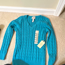 St. John's Bay Petite PM Blue Cable-Knit V-Neck Long Sleeve Pullover Sweater