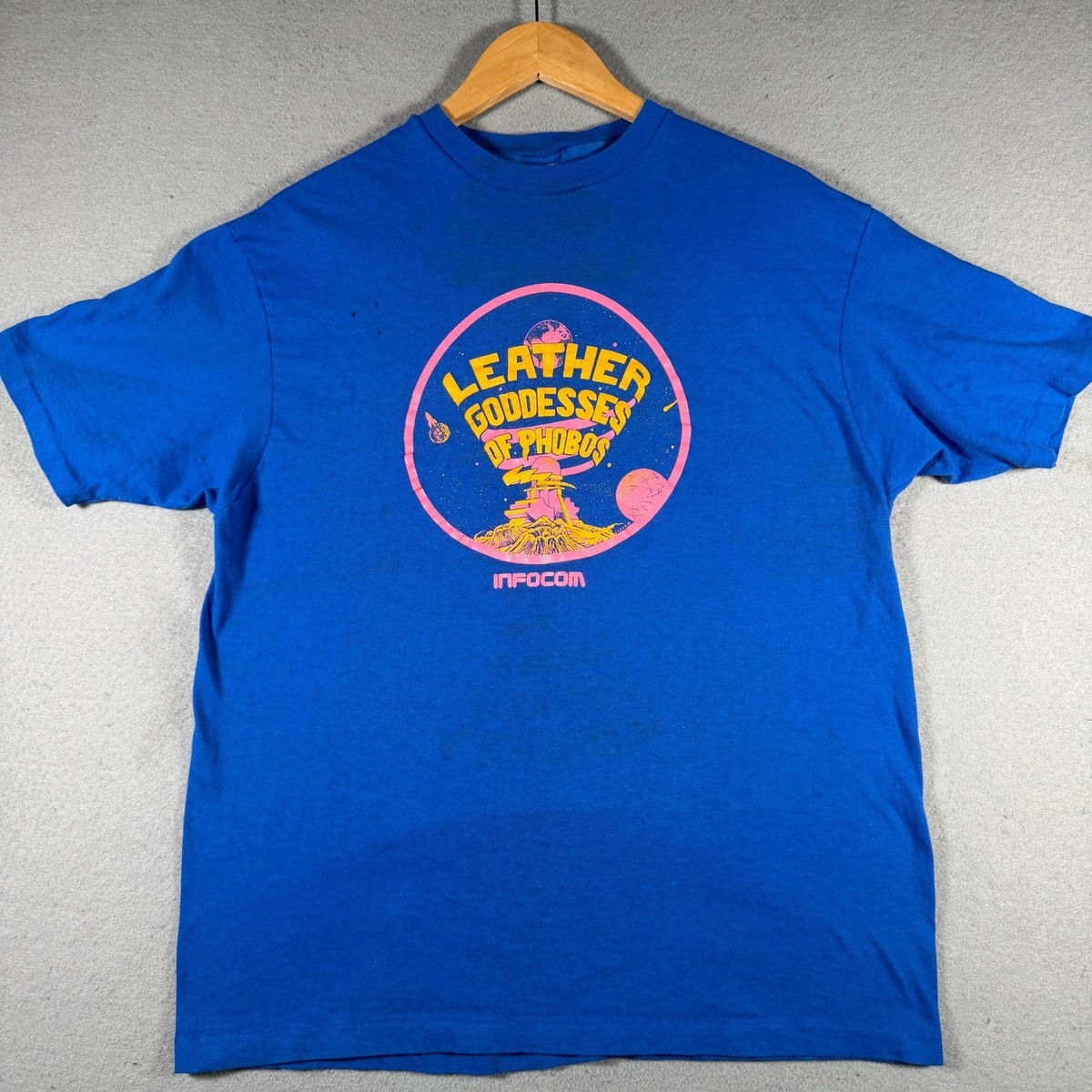 Vintage Hanes Infocom Leather Goddesses of Phobos T-Shirt Blue XL