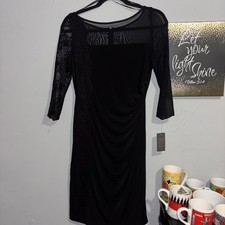 Vince Camuto Illusion Yoke Lace Trim Shirred Little Black Dress VC2P1804 Size 4