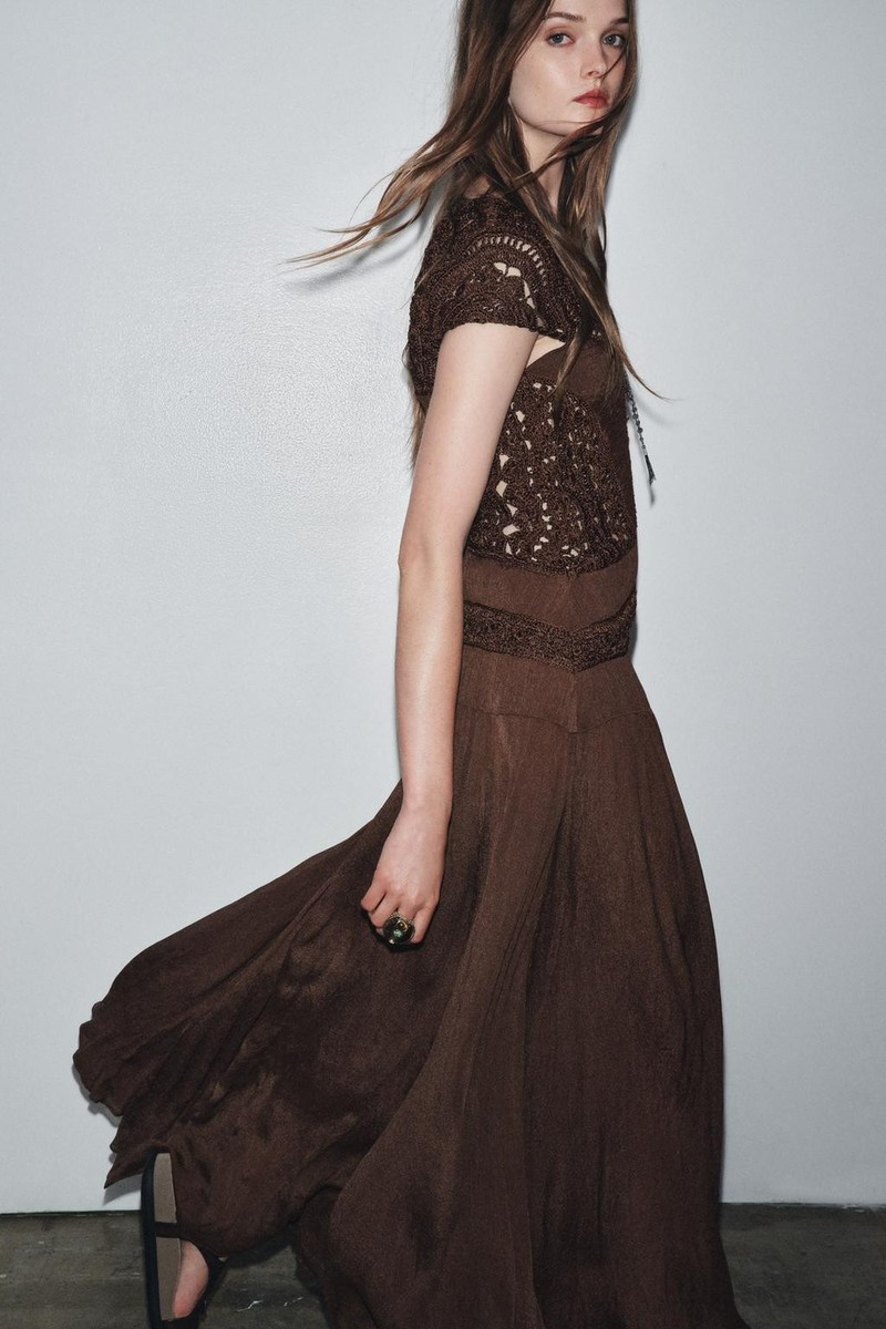 zara brown crochet dress Zara Brown Midi Ruffle Crochet Dress Size Small