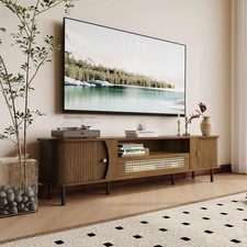 71" Mid Century Modern TV Stand Wood TV Consoles W/ Sliding Doors Rattan Door