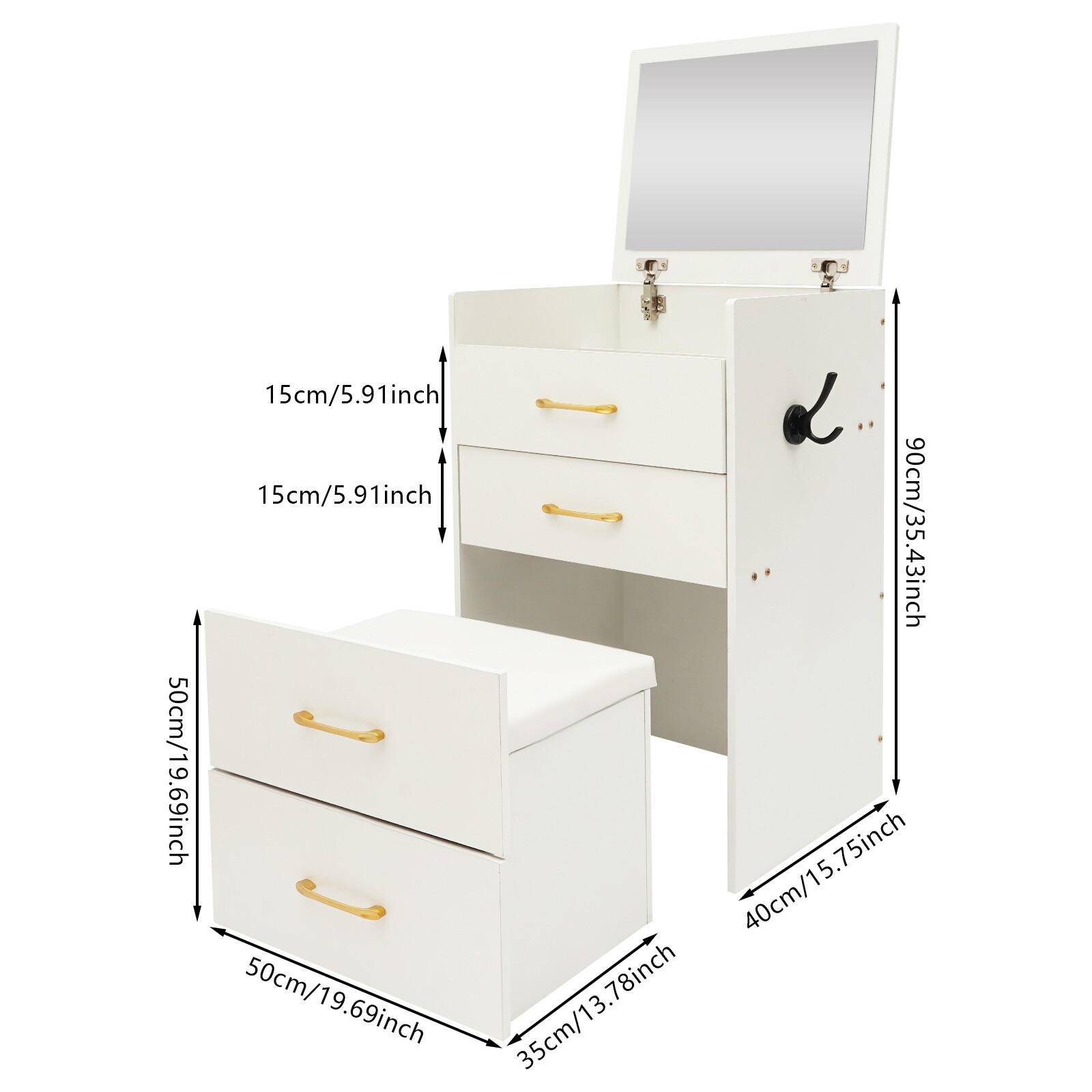 Makeup Desk with Mirror, Compact Dressing Table, Small Make Up Table White