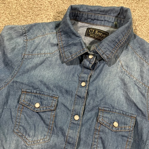 Ci Sono Pearl Snap Chambray Tunic Womens Small Westerncore Elbow Patches Cowgirl - Picture 1 of 10