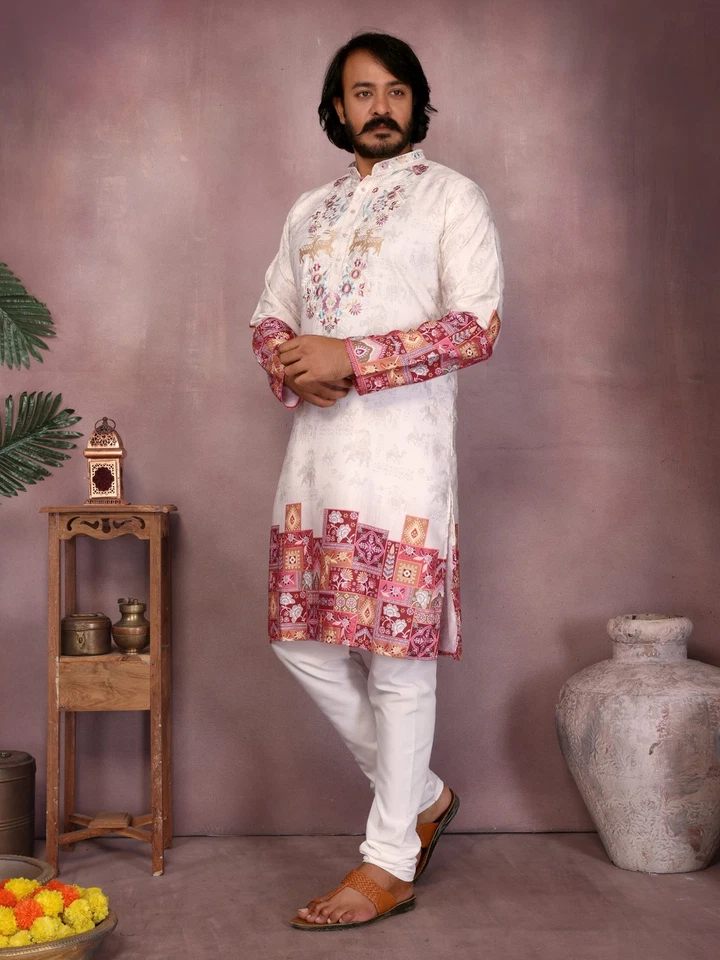 Ensemble Kurta Homme Blanc Kashida Sherwani Style Mariage Pakistan Inde - Photo 3/4