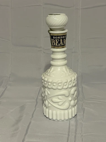 Vintage 60’s Jim Beam White Milk Glass Bonded Beam Whiskey Decanter Bottle (D)