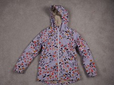 REI Co-op Girls Rain Coat Hooded Jacket M 10-12 Purple Multicolor Print