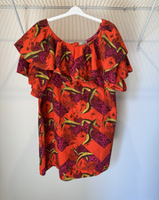 ASOS Size 20 Orange/Purple Tropical Off-Shoulder Ruffle Shift Knee Dress Cotton
