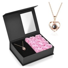 Preserved Real Rose with Heart I Love You Necklace, Eternal Flowers Rose Pink