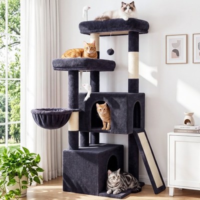 55inch Tall Plush Multi-Level Cat Climbing Tower Condo House with Hanging Basket