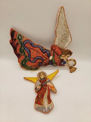 Embroidered Angels Christmas Tree Ornament Fabric With Gold Thread Vintage 