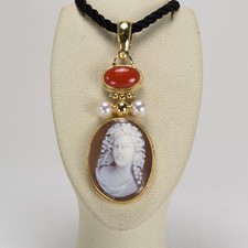 Pendentif En Argent 925 Doré Avec Corail Perles Et Cameo Ovale Visage Agdv 0177