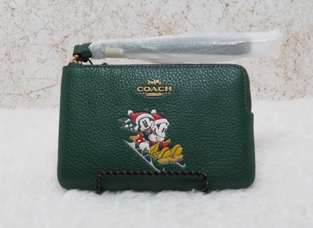 Coach Disney Mickey Mouse Sled Motif Corner Zip Wristlet (Dark Pine)-NWT (CN025)
