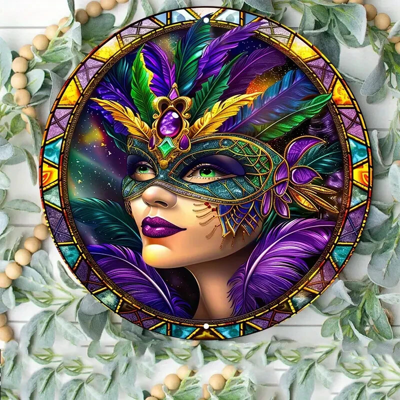 JEWELLED 2D MARDIS GRAS FACE PLAQUE VIBRANT CARNIVAL METAL WALL ART